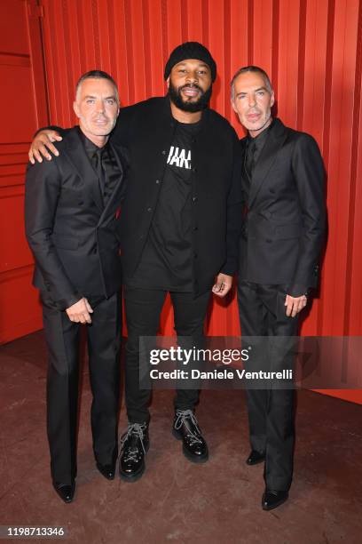 Dean and Dan Caten with Antoine Bethea attend the Dsquared2 fashion show during the Milan Men's and Women's Fashion Week Fall Winter 20 on January...