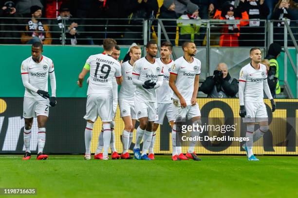 Andre Silva of Eintracht Frankfurt celebrates after scoring his team's first goal with team mates during the DFB Cup round of sixteen match between...