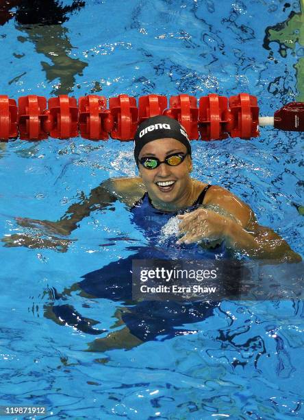 Rebecca Soni of the United States celebrates winning the gold medal in the Women's 100m Breaststroke Final during Day Eleven of the 14th FINA World...