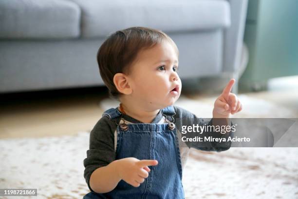 a latinx toddler points his index finger, while sitting in his living room wearing jean overalls and a long sleeved t-shirt. - baby pointing - fotografias e filmes do acervo