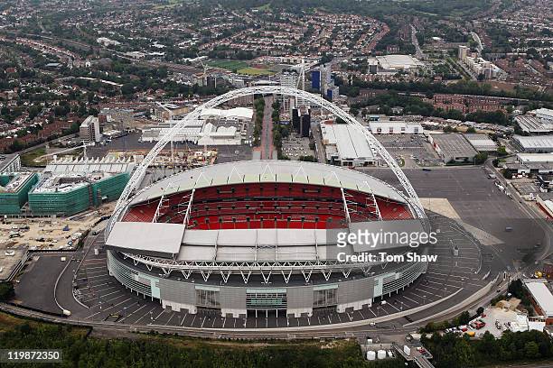 Aerial view of Wembley Stadium which will host football events during the London 2012 Olympic Games on July 26, 2011 in London, England.