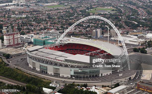 Aerial view of Wembley Stadium which will host football events during the London 2012 Olympic Games on July 26, 2011 in London, England.