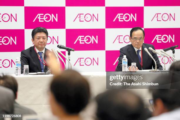 Supermarket chain AEON incoming president Akio Yoshida and outgoing president Motoya Okada attend a press conference on January 10, 2020 in Chiba,...