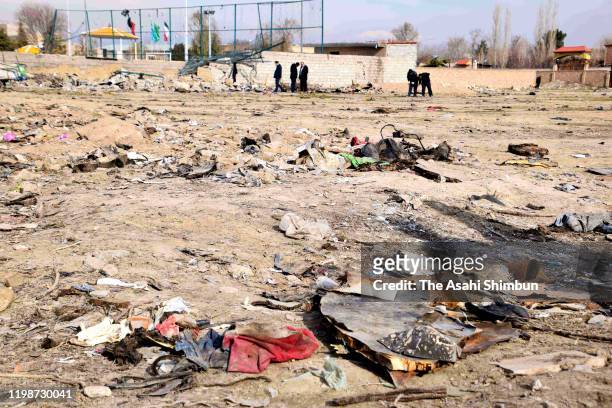 Wreckage of the crashed Ukrainian International Airlines airplane are scattered on January 10, 2020 in Shahedshahr, Iran.