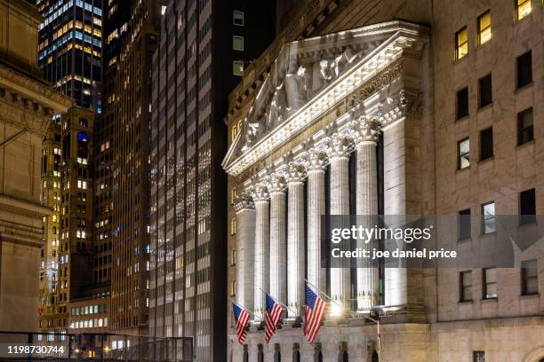 new york stock exchange, wall street, lower manhattan, new york city, new york, america - nyse night stock pictures, royalty-free photos & images