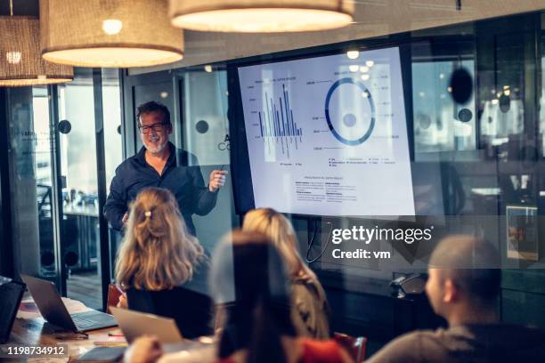 kaukasische zakenman geeft presentatie in een conferentieruimte - meeting room stockfoto's en -beelden