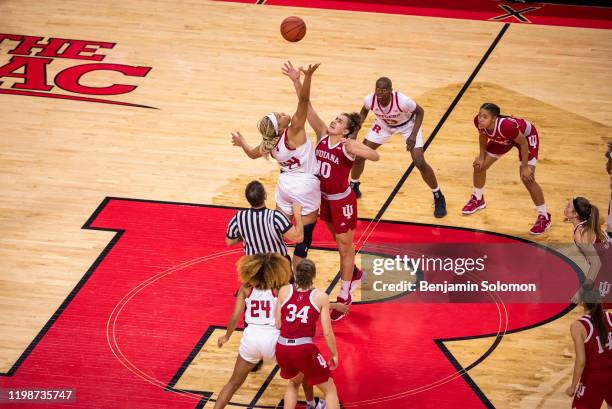 Jordan Wallace of the Rutgers Scarlet Knights and Aleksa Gulbe of the Indiana Hoosiers at Rutgers Athletic Center on December 31, 2019 in Piscataway,...