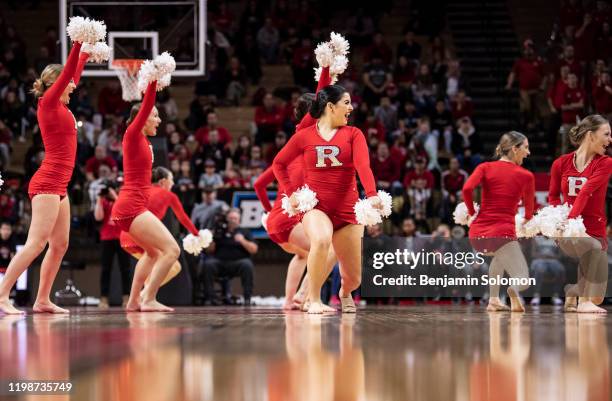 General view of the Rutgers Scarlet Knights dance team during a game against the Indiana Hoosiers at Rutgers Athletic Center on December 31, 2019 in...