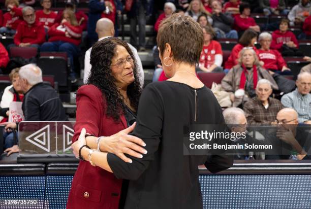 Head coaches C. Vivian Stringer of Rutgers Scarlet Knights and Teri Moren of the Indiana Hoosiers at the Rutgers Athletic Center on December 31, 2019...