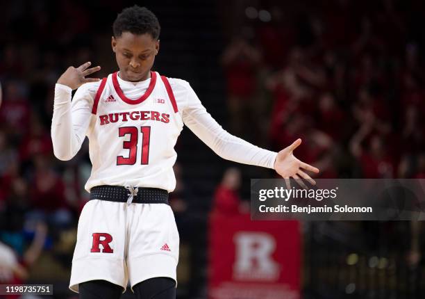 Tekia Mack of the Rutgers Scarlet Knights reacts during a game against the Indiana Hoosiers at Rutgers Athletic Center on December 31, 2019 in...