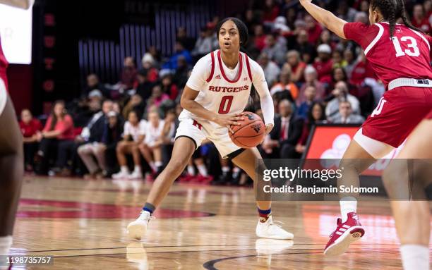 Alexis Morris of the Rutgers Scarlet Knights during a game against the Indiana Hoosiers at Rutgers Athletic Center on December 31, 2019 in...