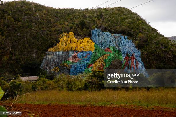 View of Mural de la Prehistoria in Vinales, Cuba, on January 18, 2020. Vinales is a small town and municipality in the north-central Pinar del Río...