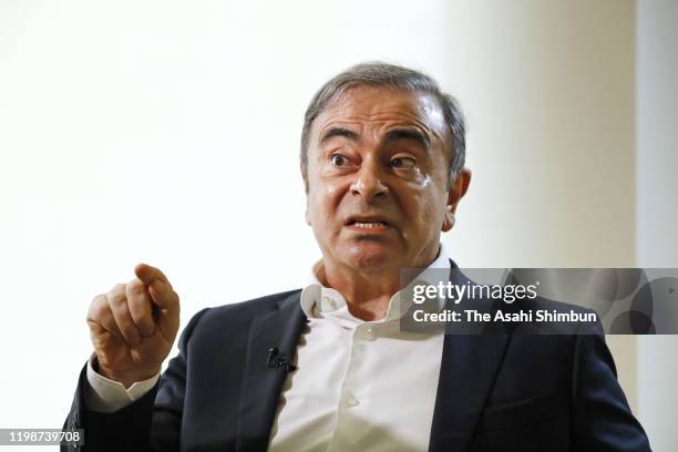 Former Nissan Motor CEO Carlos Ghosn speaks during a group interview for Japanese media on January 10, 2020 in Beirut, Lebanon.