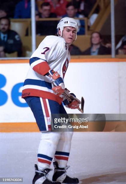 Scott Lachance of the New York Islanders skates against the Toronto Maple Leafs during NHL game action on April 12, 1992 at Maple Leaf Gardens in...