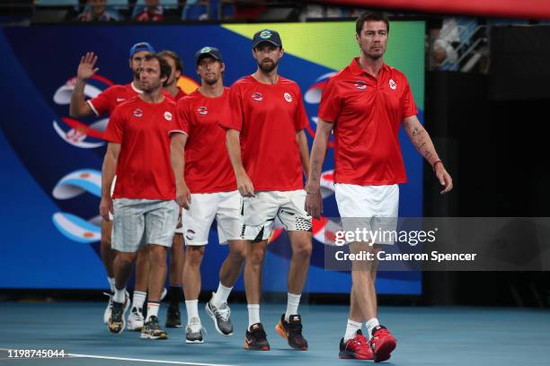 Russian captain Marat Safin leads his team onto the court during day nine of the 2020 ATP Cup at Ken Rosewall Arena on January 11, 2020 in Sydney,...