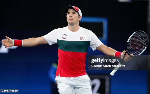 Dusan Lajović of Serbia celebrates winning match point during his semi-final singles match against Karen Khachanov of Russia during day nine of the...