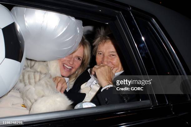 Rod Stewart seen leaving the Ritz hotel with his wife Penny Lancaster after celebrating his 75th birthday on January 10, 2020 in London, England.