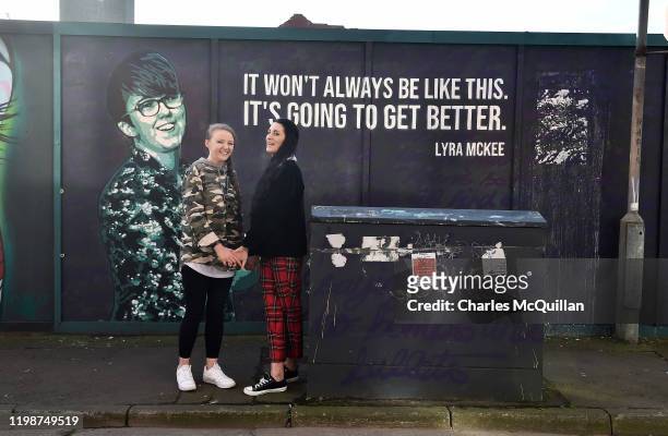 Robyn Peoples and Sharni Edwards, Northern Irelands first same-sex couple to be legally married pose in front of the Lyra McKee mural on February 5,...