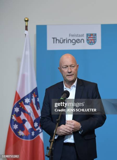 Thomas Kemmerich, leader of the state branch of Thuringia's Free Democratic Party and newly elected Prime Minister of Thuringia speaks to the media...