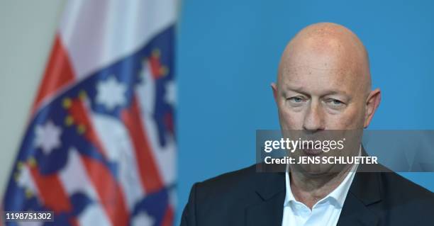 Thomas Kemmerich, leader of the state branch of Thuringia's Free Democratic Party and newly elected Prime Minister of Thuringia speaks during a press...