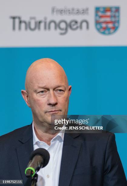 Thomas Kemmerich, leader of the state branch of Thuringia's Free Democratic Party and newly elected Prime Minister of Thuringia speaks during a press...