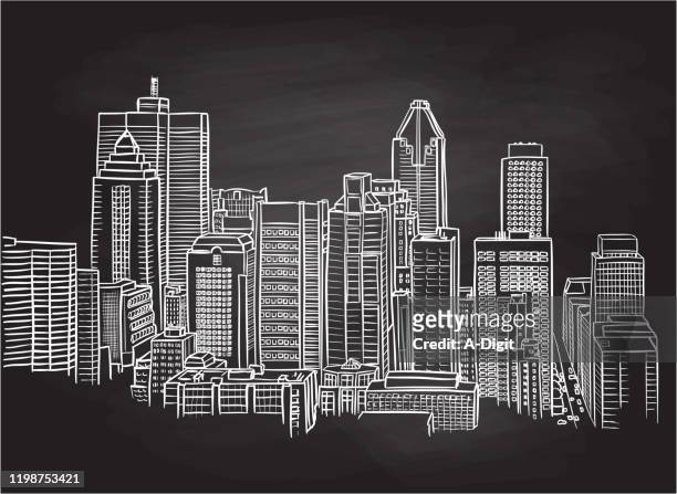 tall buildings urban landscape chalkboard - blackboard qc stock illustrations