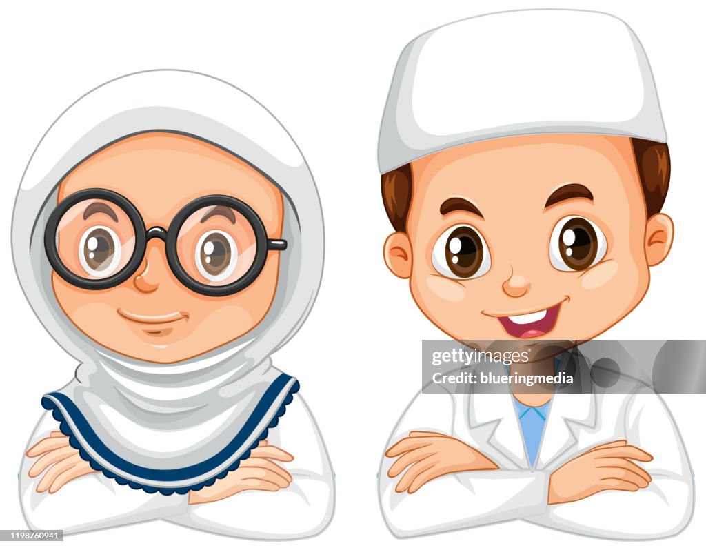 Muslim boy and girl in science gown on white background