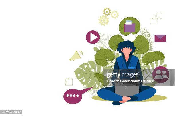 man with laptop sitting in nature and leaves. concept illustration for working, freelancing, studying, education, work from home. - smiling-man-at-computer stock illustrations