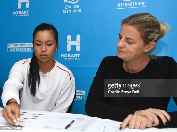 Mariana Alves of the WTA presides over the Draw during day one of the 2020 Hobart International at Domain Tennis Centre on January 11, 2020 in...