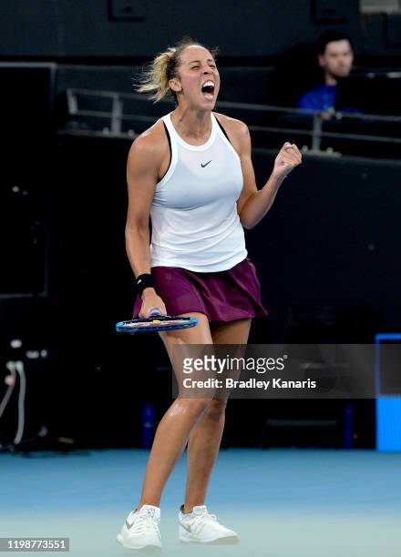 Madison Keys of the USA celebrates victory in her semi final match against Petra Kvitova of The Czech Republic during day six of the 2020 Brisbane...