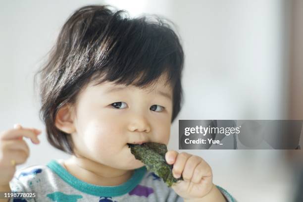 baby boy eating at home - nori stock pictures, royalty-free photos & images