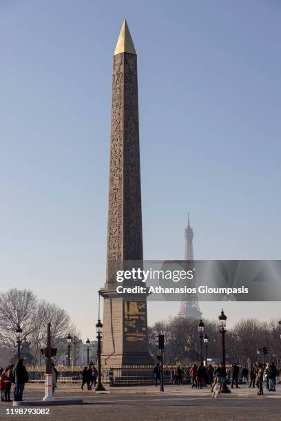 The Obelisk of Luxor at the centre of the Place de la Concorde on December 30, 2019 in Paris, France. The Luxor Obelisk is a 23 metres high Ancient...