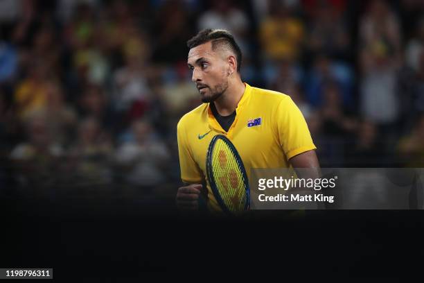 Nick Kyrgios of Australia celebrates winning a point during his semi-final singles match against Roberto Bautista Agut of Spain during day nine of...