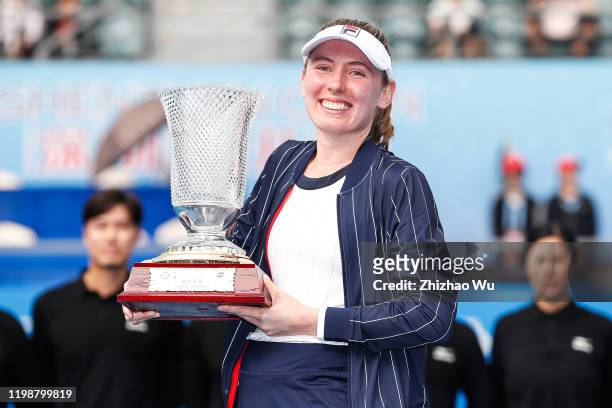 Ekaterina Alexandrova of Russia, winner of the women's singles final match attends the award ceremony on day 7 of the 2020 WTA Shenzhen Open at...