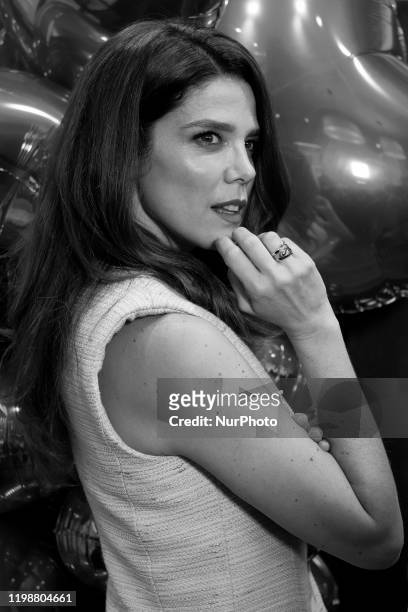 Image was converted to black and white) Actress Juana Acosta presents 'Perfet Match' collection at Unode50 store on February 05, 2020 in Madrid,...