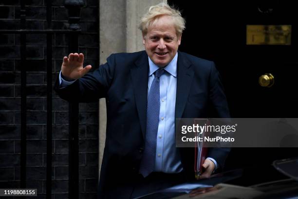 Prime Minister Boris Johnson leaves 10 Downing Street for the first Prime Minister's Questions session after Brexit on February 5, 2020 in London,...