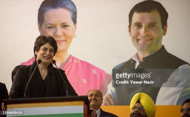 Priyanka Gandhi, general secretary of the Indian National Congress speaks during electioneering on February 5, 2020 in Delhi, India. The National...