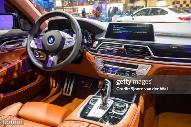 Series 745e plug-in hybrid luxury limousine interior on display at Brussels Expo on January 9, 2020 in Brussels, Belgium. The BMW 7 of the G11-12...