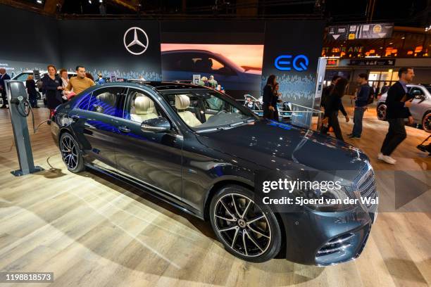 Mercedes-Benz S-Class S560e 4MATIC Plug-in hybrid sedan luxury limousine on display at Brussels Expo on January 9, 2020 in Brussels, Belgium. The...