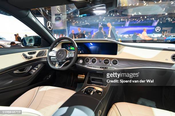 Mercedes-Benz S-Class S560e 4MATIC Plug-in hybrid sedan luxury limousine interior on display at Brussels Expo on January 9, 2020 in Brussels,...