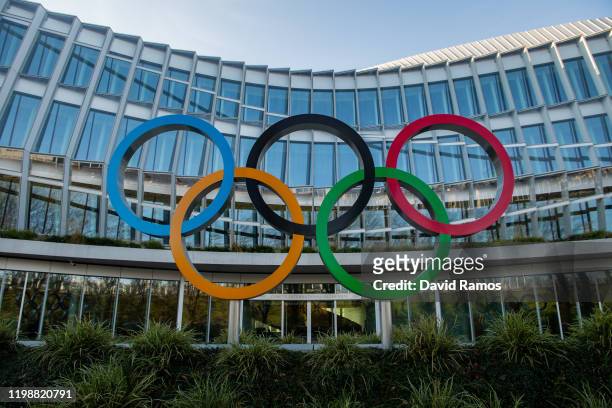 The Olympic Rings sit on display outside the International Olympic Committee Headquarters on January 11, 2020 in Lausanne, Switzerland.