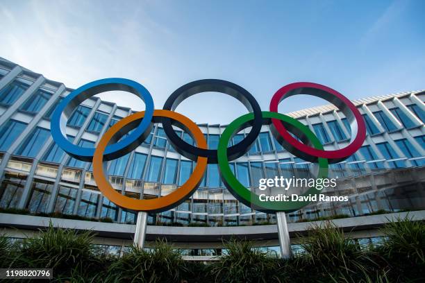 The Olympic Rings sit on display outside the International Olympic Committee Headquarters on January 11, 2020 in Lausanne, Switzerland.