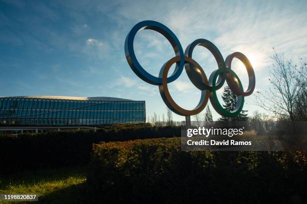 The Olympic Rings sit on display outside the International Olympic Committee Headquarters on January 11, 2020 in Lausanne, Switzerland.