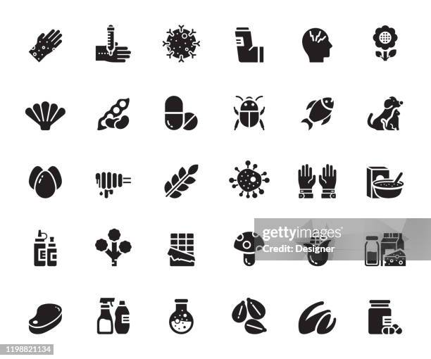 illustrations, cliparts, dessins animés et icônes de ensemble simple d'icônes vectorielles liées à l'allergie et aux allergènes de base. collection de symboles - allergie