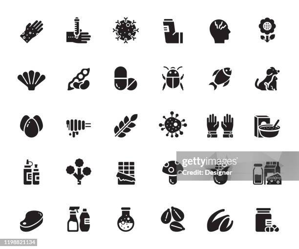 illustrazioni stock, clip art, cartoni animati e icone di tendenza di semplice set di icone vettoriali correlate alle allergie e agli allergeni di base. insieme symbol - allergia