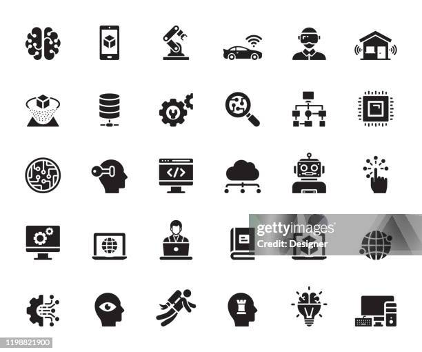 ilustraciones, imágenes clip art, dibujos animados e iconos de stock de conjunto simple de iconos vectoriales relacionados con la inteligencia artificial. colección de símbolos. - aprendizaje automático