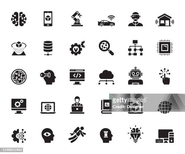 illustrazioni stock, clip art, cartoni animati e icone di tendenza di semplice set di icone vettoriali correlate all'intelligenza artificiale. collezione symbol. - realtà virtuale