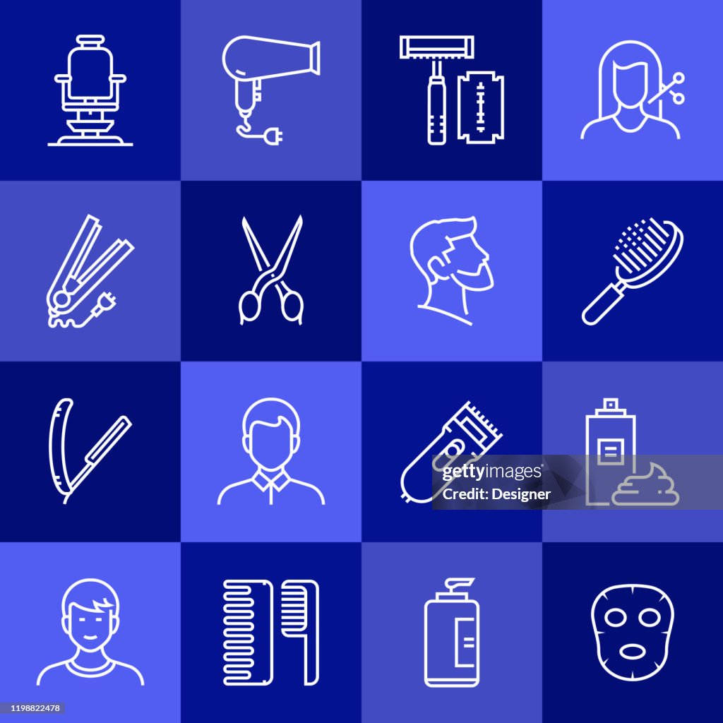 Conjunto simple de iconos de línea vectorial relacionados con la peluquería. Colección de símbolos de esquema.