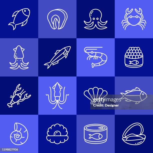 simple set of sea food related vector line icons. outline symbol collection. - spice market stock illustrations