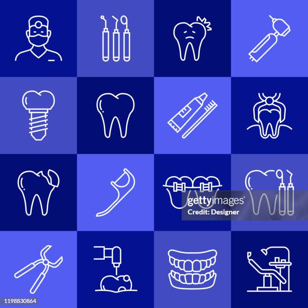 ilustraciones, imágenes clip art, dibujos animados e iconos de stock de conjunto simple de iconos de línea vectorial relacionadacon dentales. colección de símbolos de esquema - sonrisa con dientes